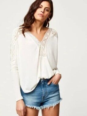 Free People Lola Long Sleeve Sheer Top Lace Crochet XS Ivory Boho Boxy Oversized